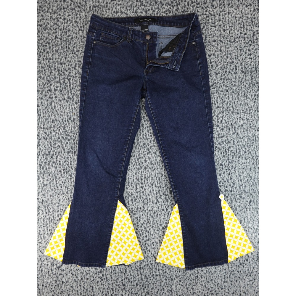 Calvin Klein Jeans Flare Pants Womens 6 Blue Custom Yellow Patterned Boho